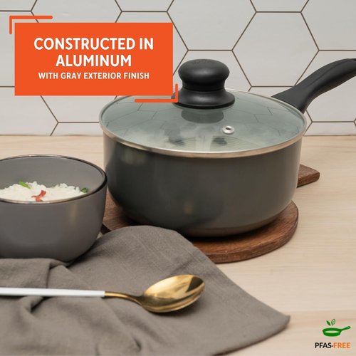 IMUSA Gray Ceramic Saucepan - 1.5 Qt Nonstick Pot with Glass Lid & Cool-Touch Handle for Sauces, Soups, Stews