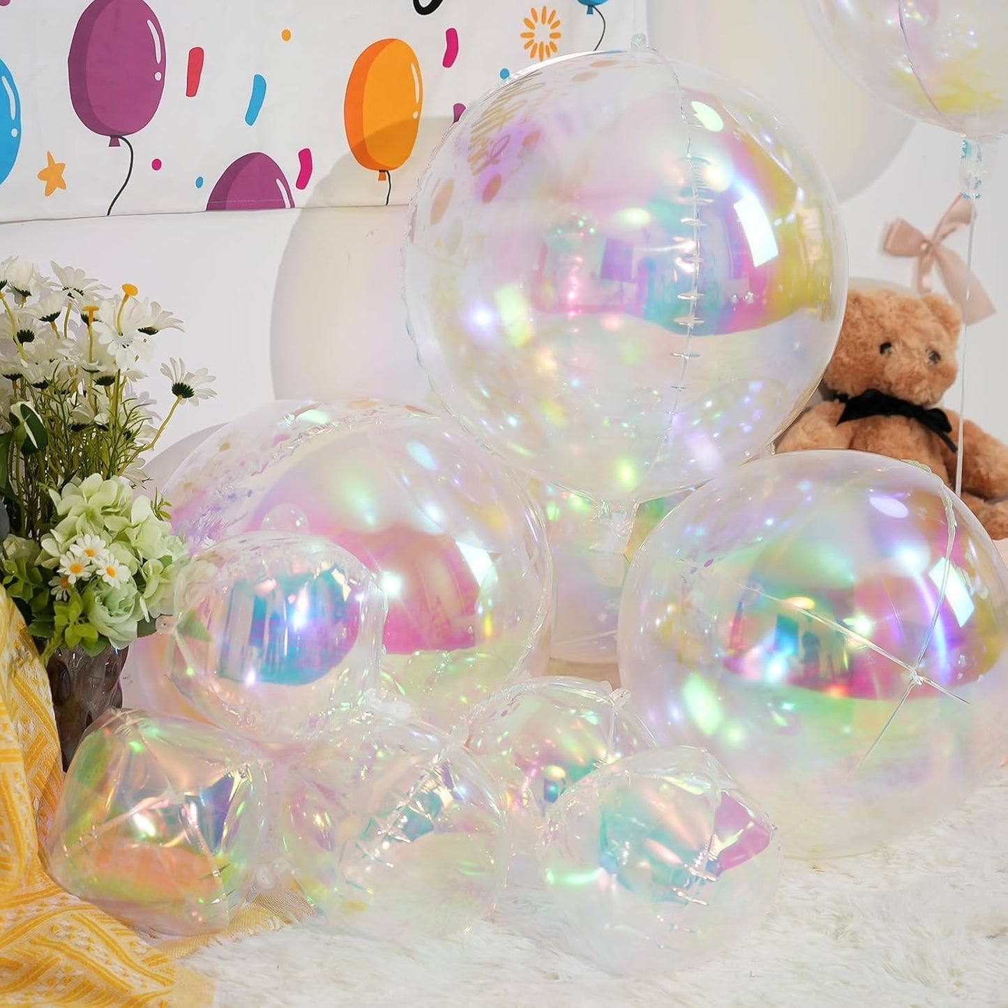 Skiennix Iridescent Round Foil Balloons - 12 Pcs Holographic 4D Clear Balloons for Birthday & Mermaid Parties