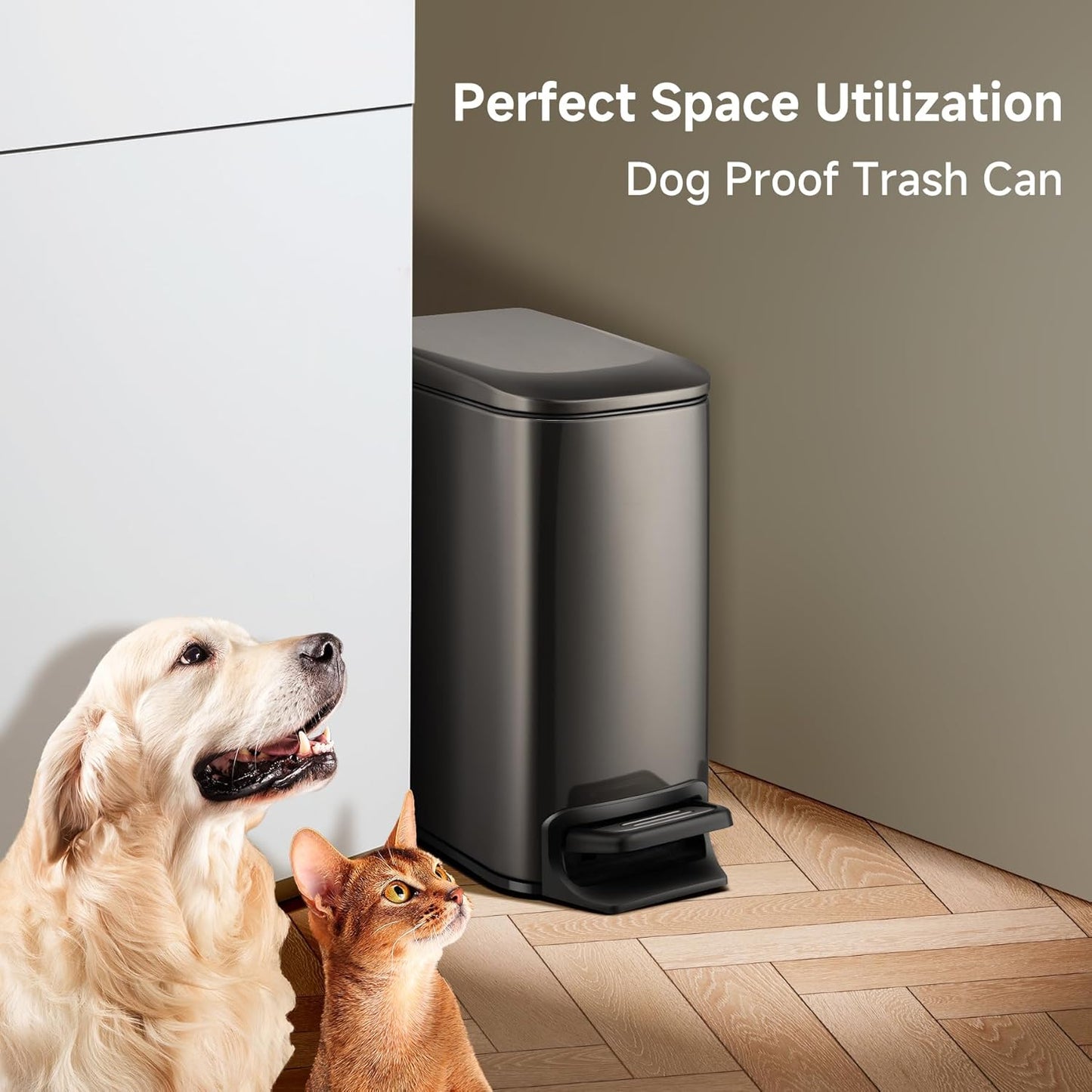 TIPGO Slim Bathroom Trash Can - Soft Close Lid, 6L Stainless Steel with Removable Inner Bucket | Black Gold
