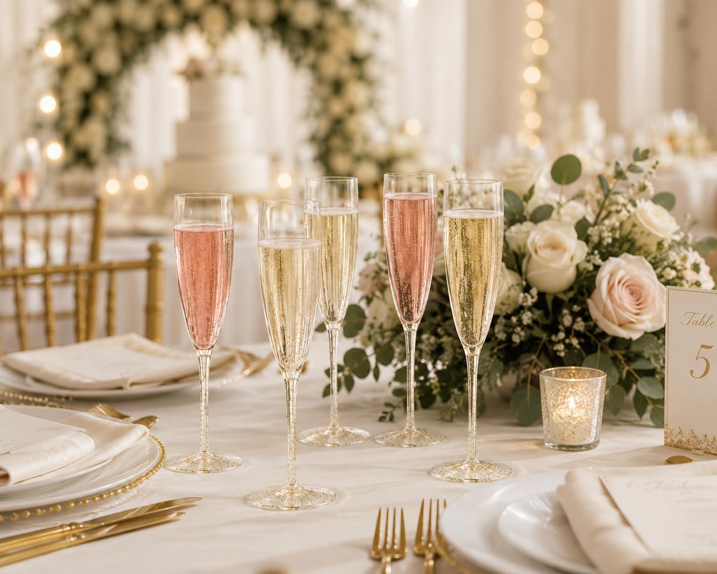 Oojami 24 Pack Plastic Champagne Flutes 6 Oz Gold Glitter, Shatterproof Heavy Duty Disposable Champagne Flutes Glasses, BPA-Free Recyclable Mimosa Glasses Bulk for Wedding Bridal Shower Birthday Party