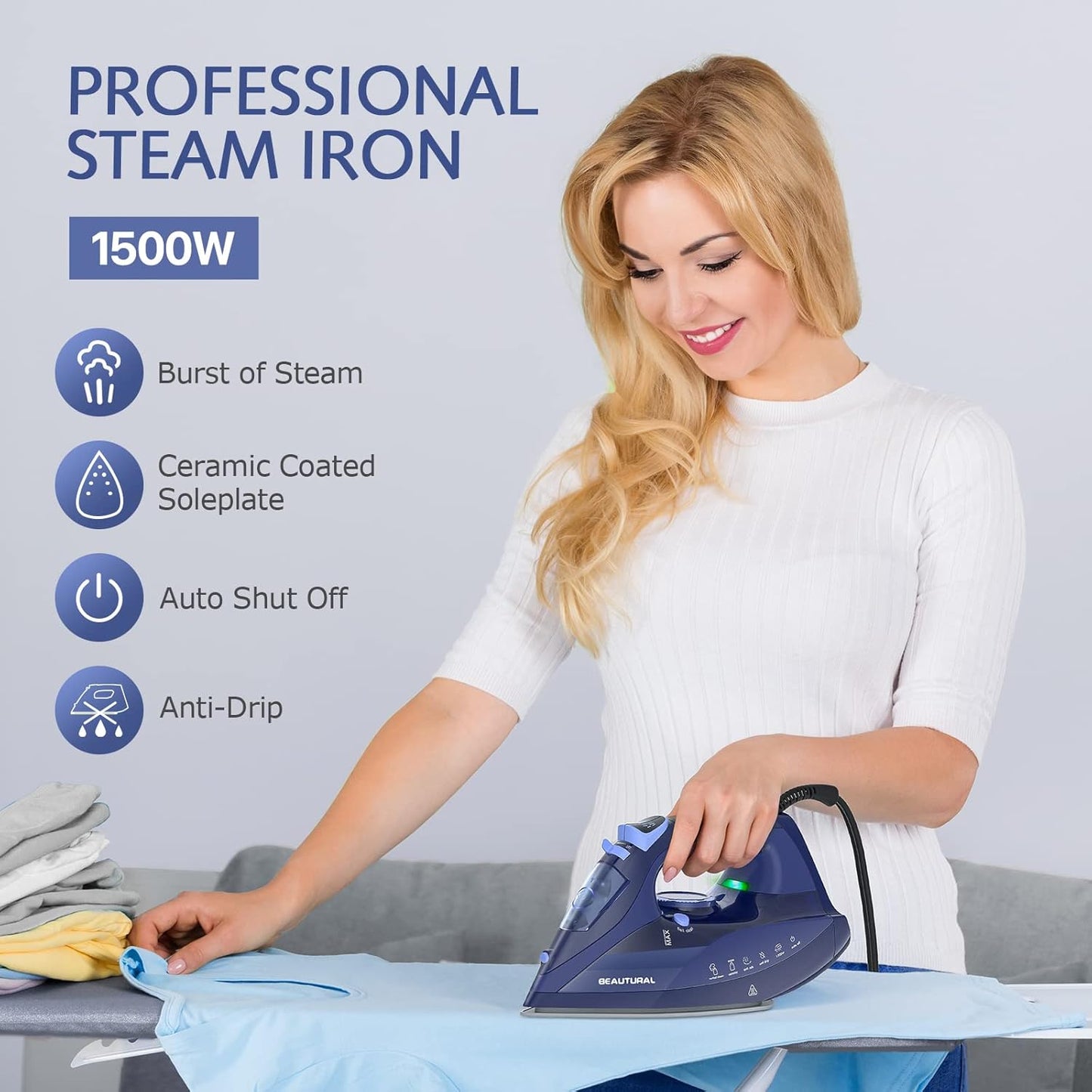 Beautural Steam Iron - Precision Thermostat Dial, Ceramic Soleplate, 3-Way Auto-Off, Self-Cleaning | Blue