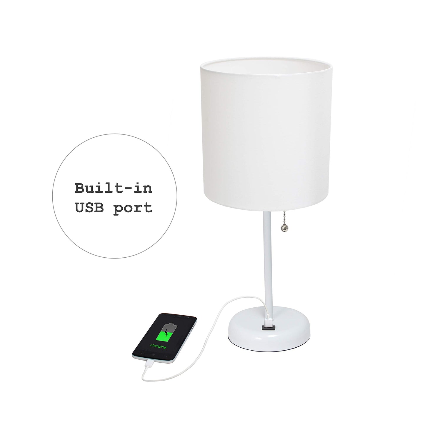 Simple Designs LC2002-WOW-2PK White Stick Table Lamp Set with USB Charging Port and White Fabric Shades, 2 Pack Set
