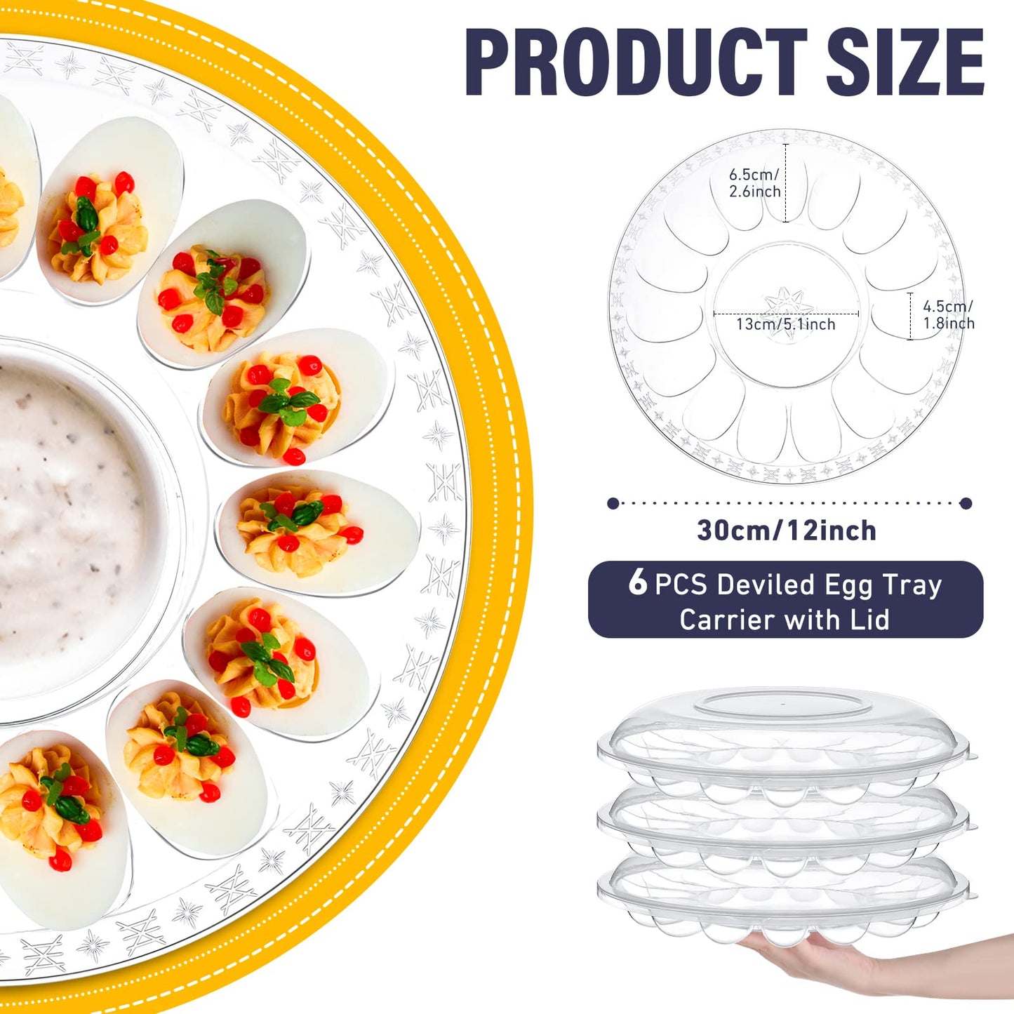Shellwei 6Pcs Deviled Egg Platter with Lid Container Tray with 15 Slots Reusable Plastic Round Holder for Deviled Eggs, Fruits, Veggies, and Finger Foods 12 Inch