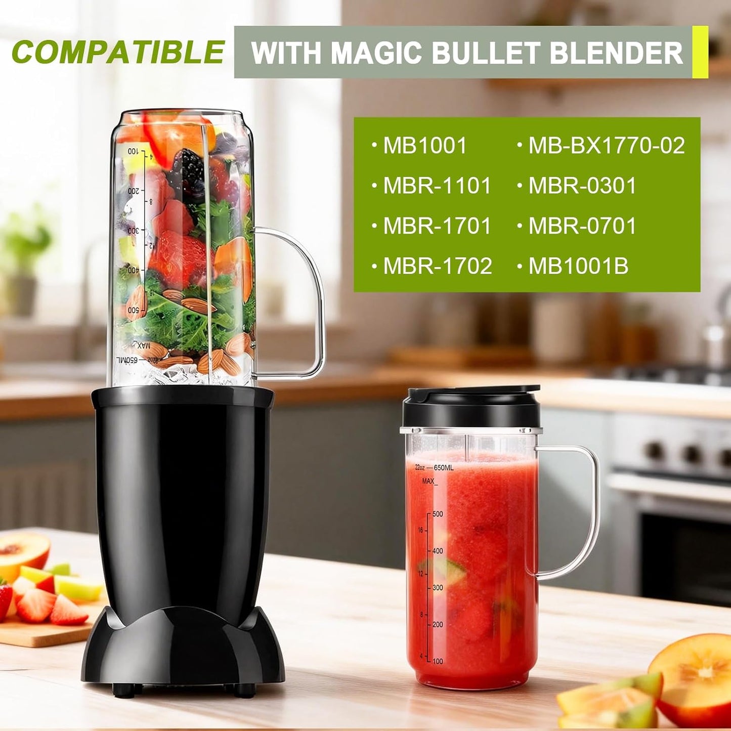 UBYNID Magic Bullet Blender Cups - 22oz Tall Replacement Cups with Flip Top Lid & 4 Fins Blade