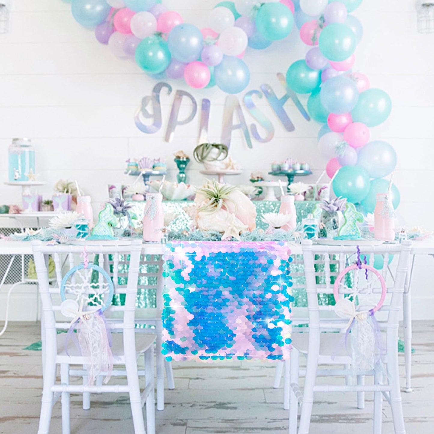 Yblut 1 Pack Mermaid Party Table Runner 12 x 84 Inches Mermaid Tail Scales Sequin Table Runner Glitter Holographic Table Cover for Birthday Party Ocean Decorations