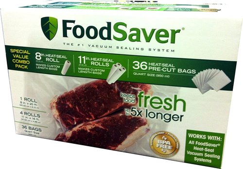 FoodSaver Vacuum Seal Combo Pack - 1-8" Roll, 4-11" Rolls & 36 Pre-Cut Bags for Freshness
