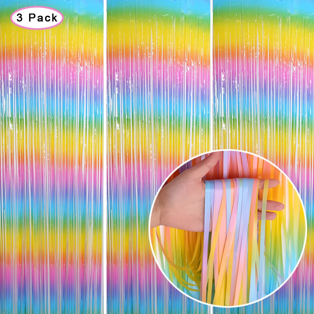 3 Pack Fringe Curtains Party Decorations,Tinsel Backdrop Curtains for Parties,Photo Booth Wedding Graduations Birthday Christmas Event Party Supplies (Macarone Rainbow