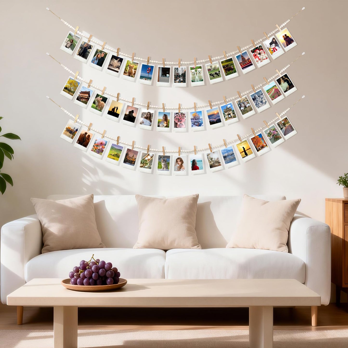 3PCS Hanging Photo Display with 45 Clips, 67 Inch Boho Wooden Bead Garland Photo Banner, Kids Art Display Collage Picture Postcard Display, Photo String for Bedroom Dorm Cubicle Wall Decor Teen Gifts