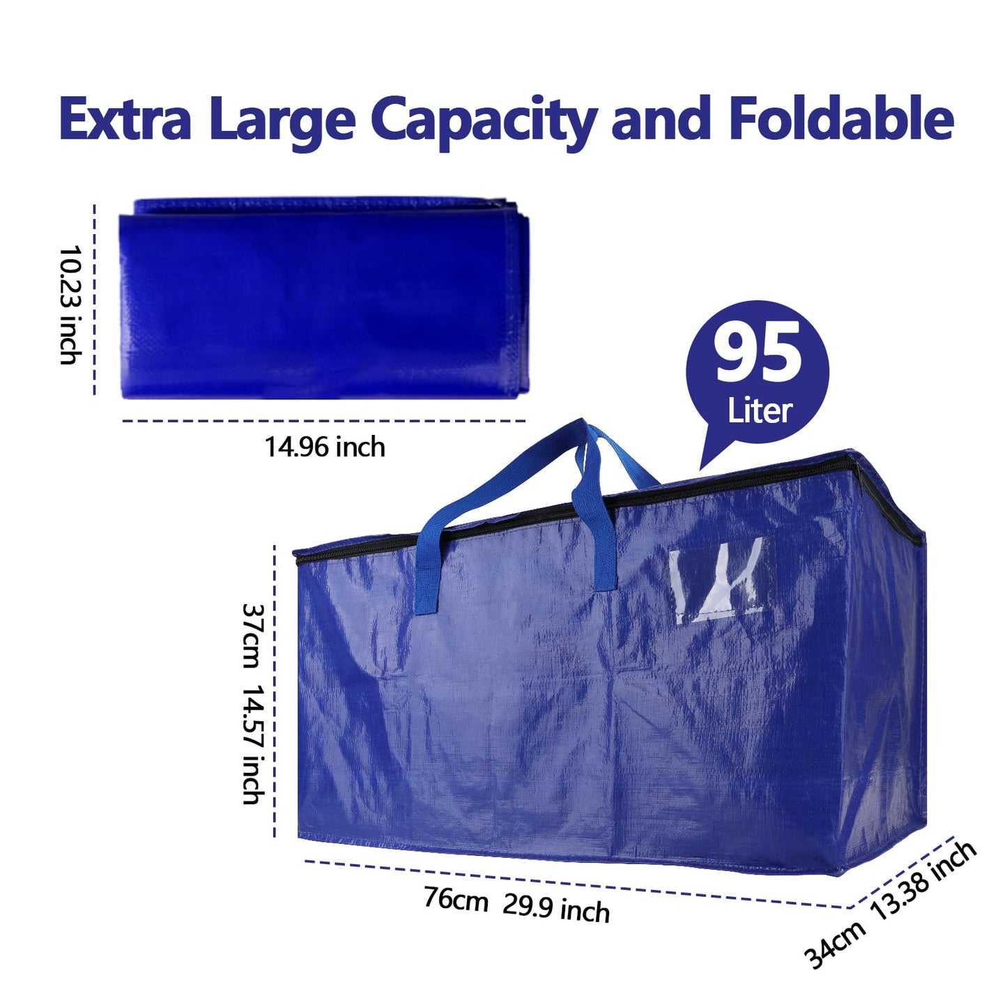 8 Pack Waterproof Moving Bags with Strong Zippers and Reinforced Handles, Real 100lb Capacity Extra Heavy Duty Large Storage Totes for Packing & Moving Storing, Alternative to Moving Boxes -95L,Blue