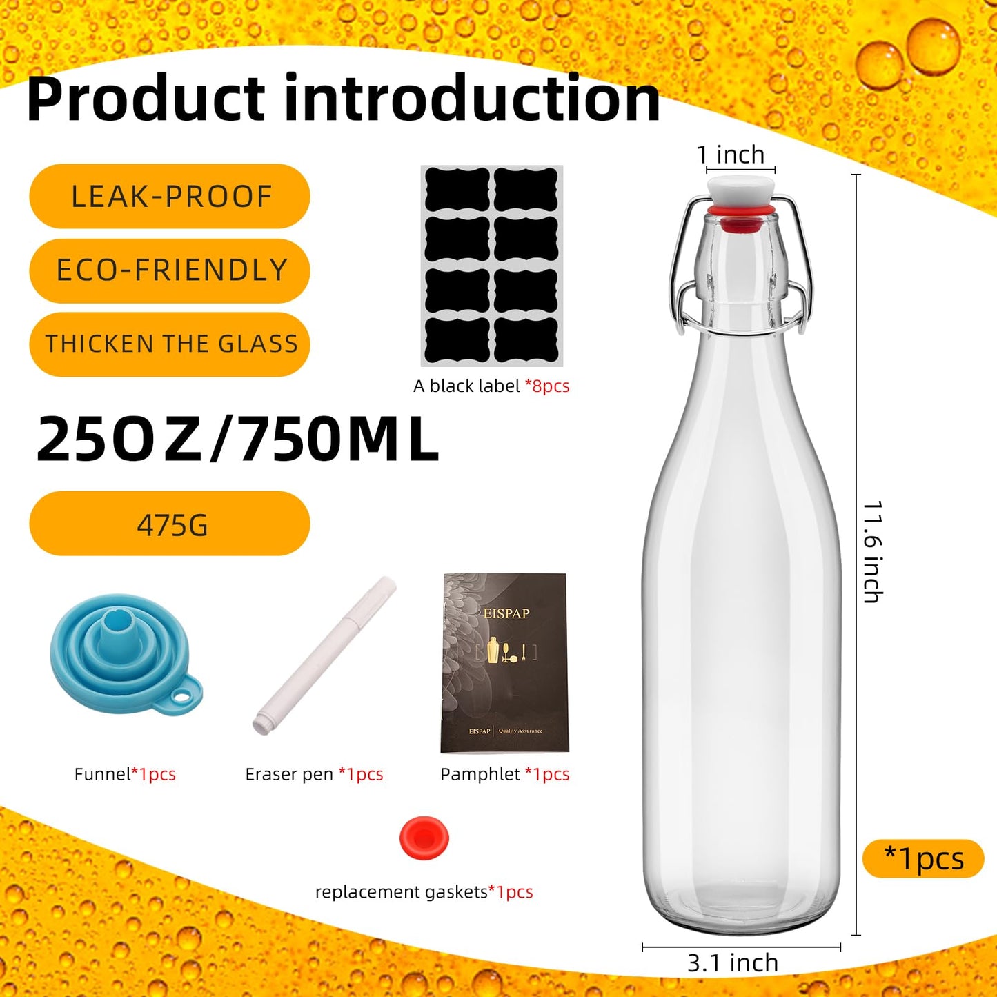 1Pc 25oz Swing Top Glass Bottles 750ml, Flip Top Glass Bottle with Airtight Lid for Fermentation, Kombucha, Mead, Vanilla Extract, Coquito, Vinegar, Beer, Kefir, Wine, Soda, Juice, for Home Brewing