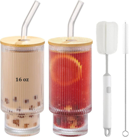 ASANMEYO 2 Pcs Ribbed Drinking Glasses with Bamboo Lids and Straws, 16oz Ribbed Glass Cups, Vintage Fluted Ribbed Glassware, Iced Coffee Cup for Cocktail, Beer, Juice, Milk, Decor, Gift