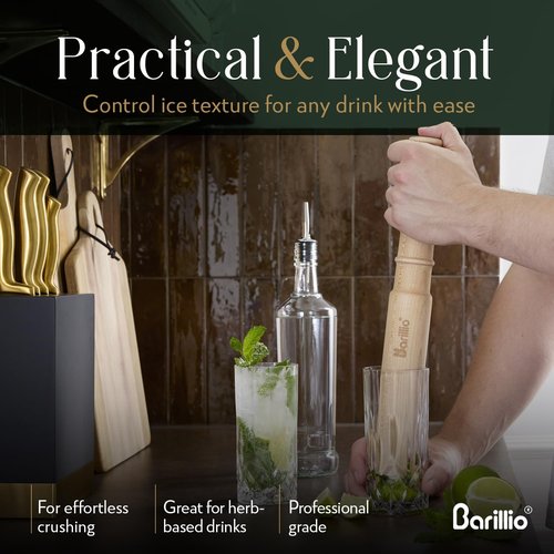 Barillio Drink Muddler Mallet and Lewis Bag Set - Big-Shot 13.75 Inch Wooden Muddler and Ice Hammer for Cocktails w/Canvas Ice Crushing Bag - Bar Tool Set