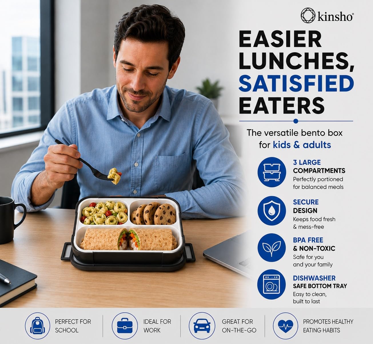 Bento Lunch Box Kids & Adults, Lunch and Snack Containers for Boys & Girls with 3 Compartments - School, Work Daycare, Meal Planning Portion Control Container, BPA-Free Boxes, Utensils, Blue 1 pack