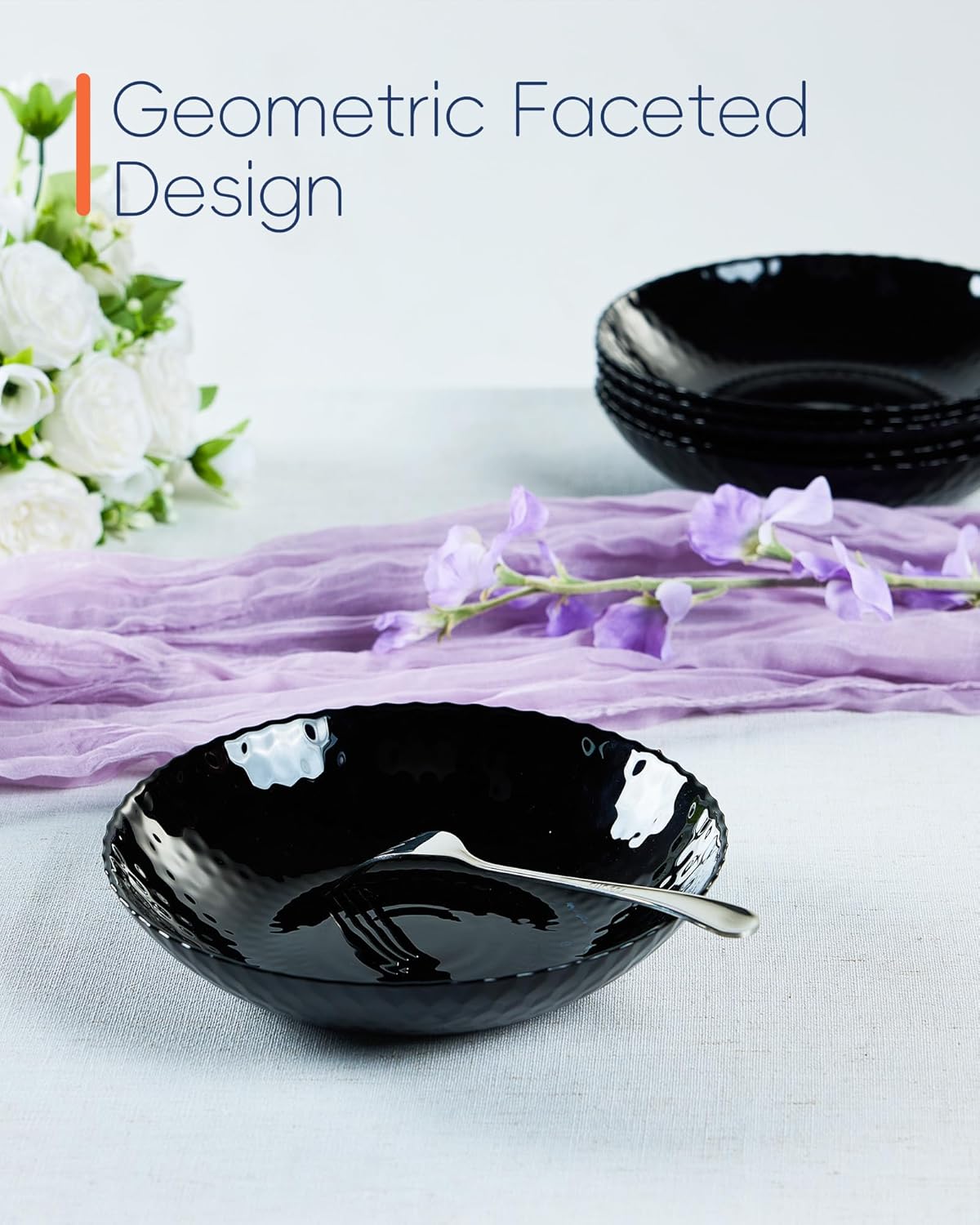 LaGlint 30 OZ Opal Glass Pasta Bowls - Set of 6 Black 8.5-Inch Round Serving Bowls | Microwave & Dishwasher Safe