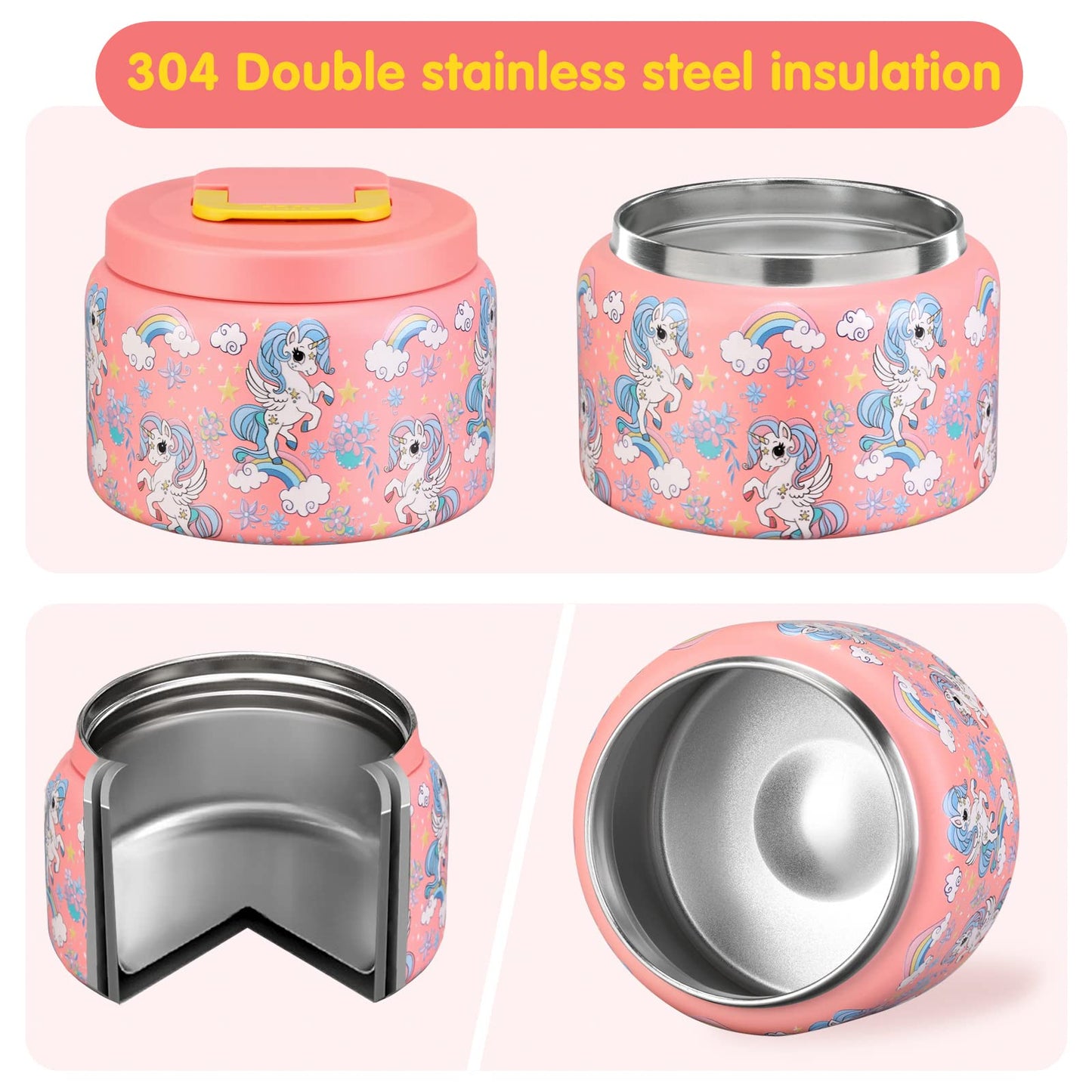 JXXM 8 Oz Thermo Food Jar for Hot & Cold Food for Kids, Insulated Lunch Containers Hot Food Jar,Leak-Proof Vacuum Stainless Steel Wide Mouth Lunch Soup Thermo for School (PINK-Unicorn)