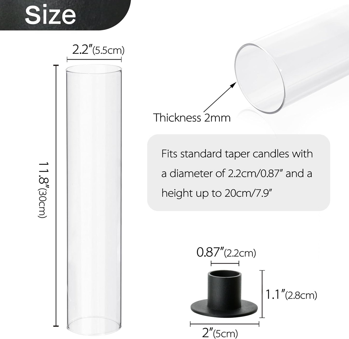 Vixdonos Glass Hurricane Candle Holders - Modern Taper Candlestick Set of 6 | 11.8-Inch Tall for Weddings & Parties