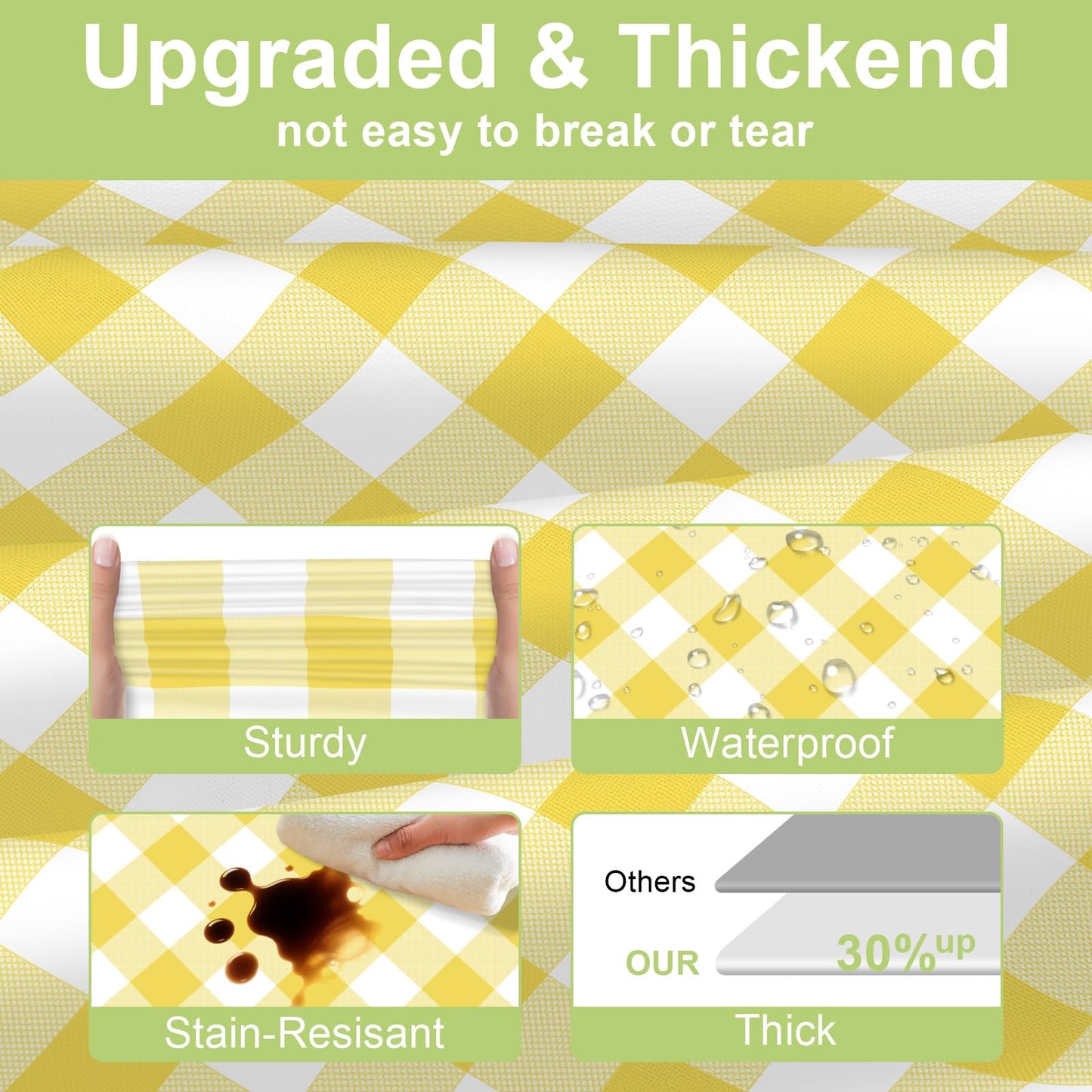 QIKSION Yellow Gingham Tablecloth Disposable 3 Pack, 54 x 108 Inch Yellow and White Checkered Table Cloth for Easter Decorations, Birthday Party Supplies, Rectangle, Plastic Table Cover
