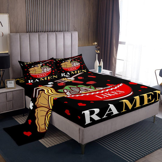 Feelyou Queen Size Ramen Bed Sheets Set Boys Girls Japanese Style Sheet Set for Kids Women Men Ultra Soft Hokusai Sheets with Deep Pocket Fitted Sheet Traditional Retro Theme Room Decor