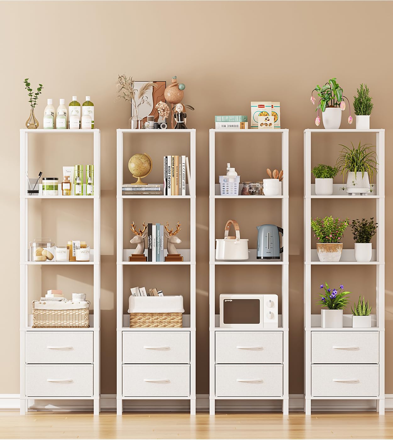 VIMBER Tall Bookshelf with Drawers, 6-Tier Bookcase for Books, Garage Kit, CDs, Movies, Modern Standing Bookshelves Storage Organizer for Bedroom Office Living Room White USSJ002W