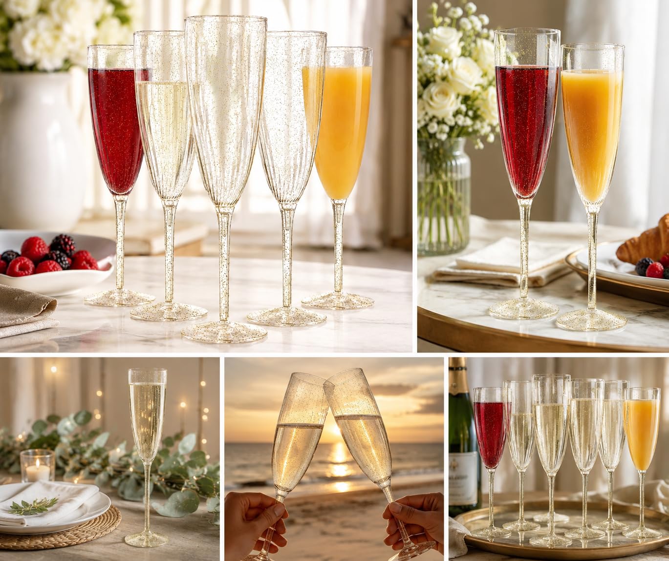 Oojami 24 Pack Plastic Champagne Flutes 6 Oz Gold Glitter, Shatterproof Heavy Duty Disposable Champagne Flutes Glasses, BPA-Free Recyclable Mimosa Glasses Bulk for Wedding Bridal Shower Birthday Party
