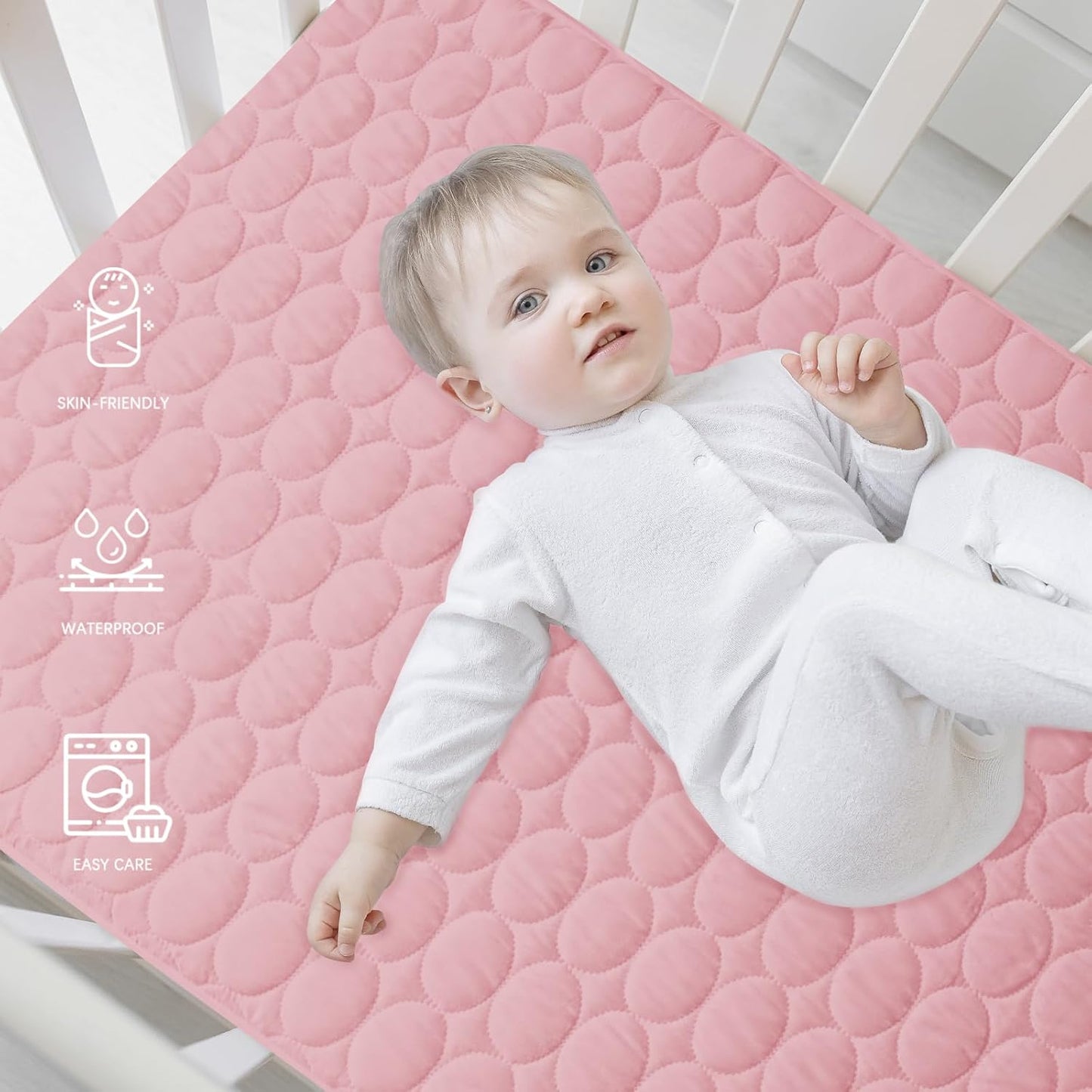 Skiennix Crib Mattress Protector Sheets - Waterproof Quilted Pad Cover for Baby & Toddler Beds | Grey & Pink, 52” x 28”
