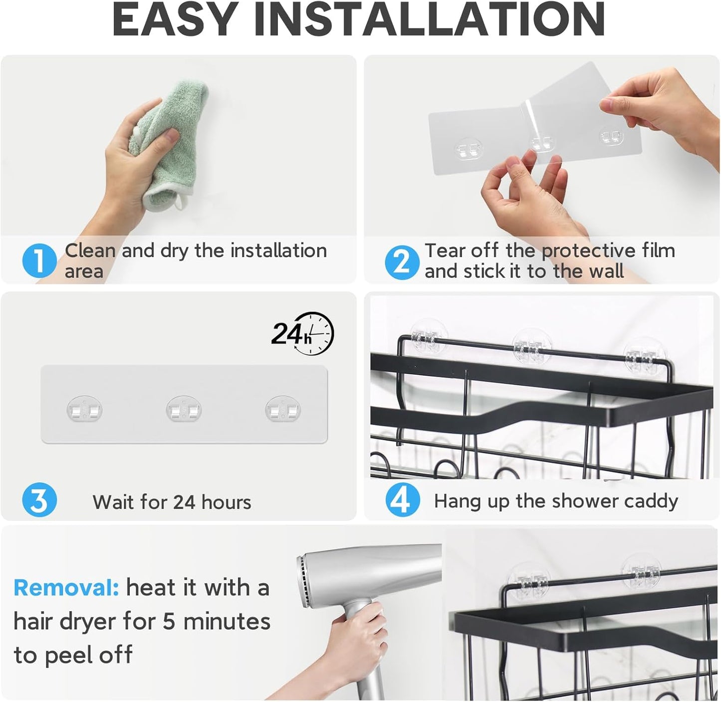Lsnisni Shower Caddy Adhesive Hooks - Strong Waterproof Strips for No-Drill Bathroom & Kitchen Storage | 14 Pack