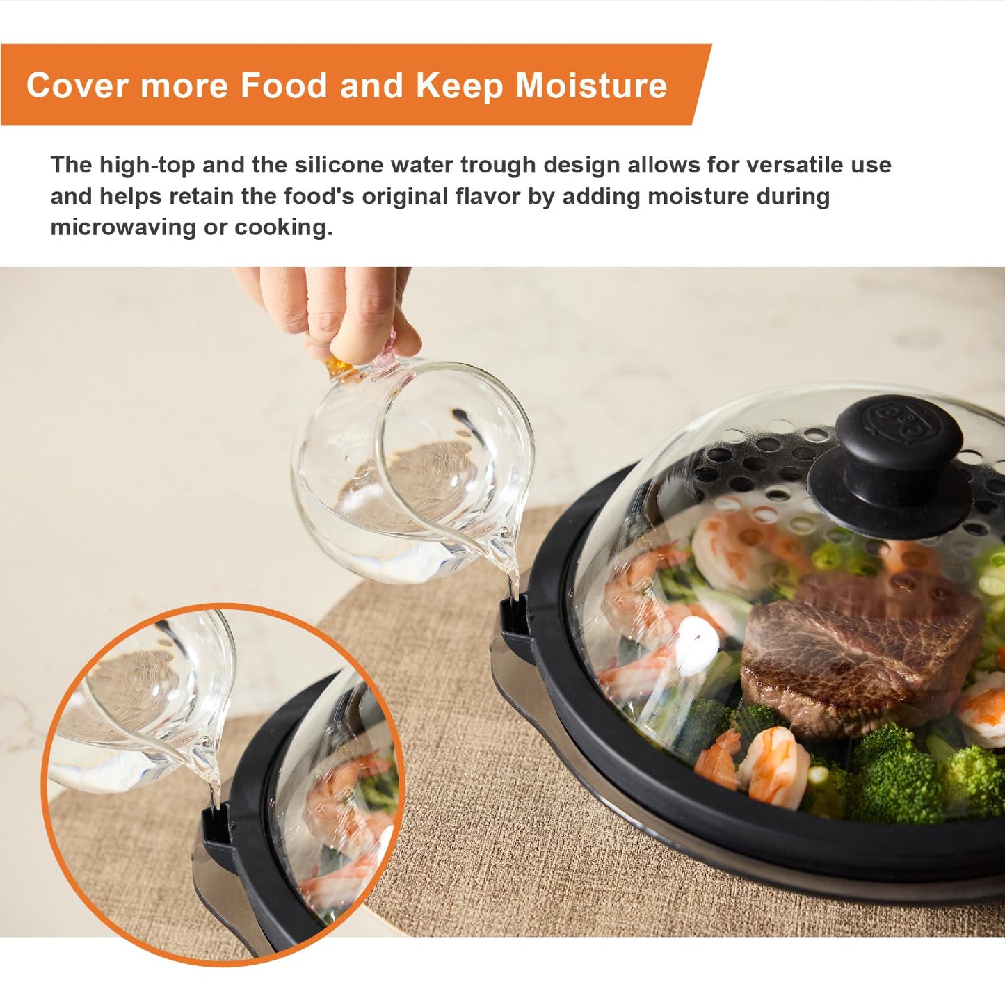 OEC Lightweight Tempered Glass Lid with Water Inlet – Food Splatter Cover, Food-Grade & BPA-Free, Fits Most Plates and Bowls (9.5")