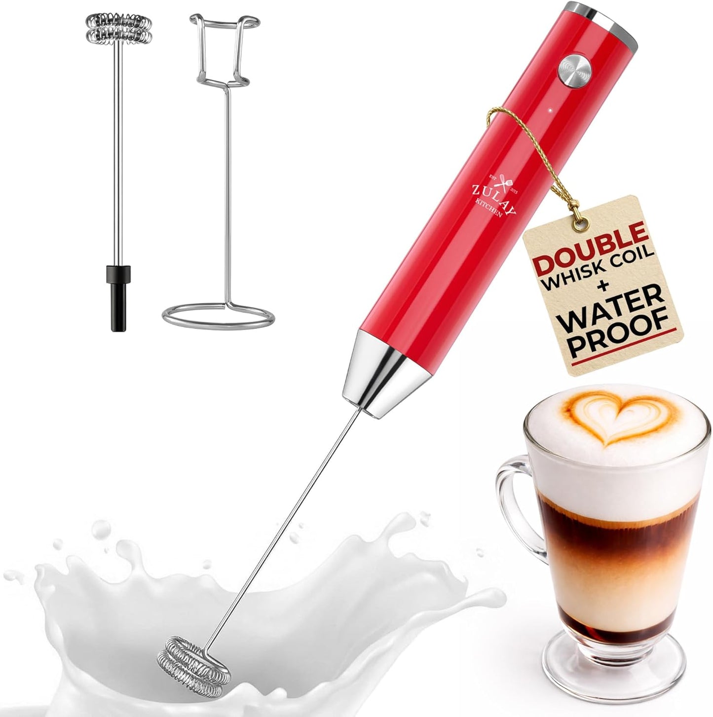 Zulay Kitchen Rechargeable Milk Frother - Powerful 2-Speed Motor & Waterproof Design | 2000mAh Battery - Scarlet Color for Lattes, Cappuccinos, Matcha & Protein Powder
