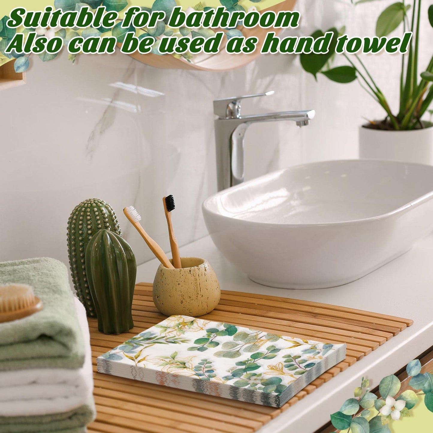 Spiareal 120 Pcs Greenery Paper Napkins 3 Ply Disposable Hand Towels for Bathroom Green Eucalyptus Leaf Guest Decorative Dinner Napkin for Bridal Baby Shower Wedding Birthday Spring Party