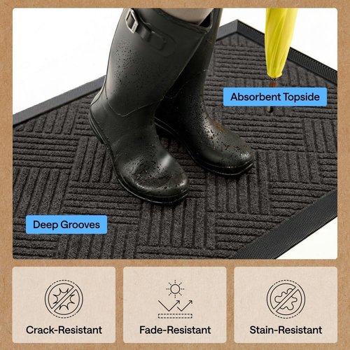 GORILLA GRIP Waterproof All-Season WeatherMAX Doormat - Natural Rubber, Stain & Fade Resistant, 29x17 Gray Diamond