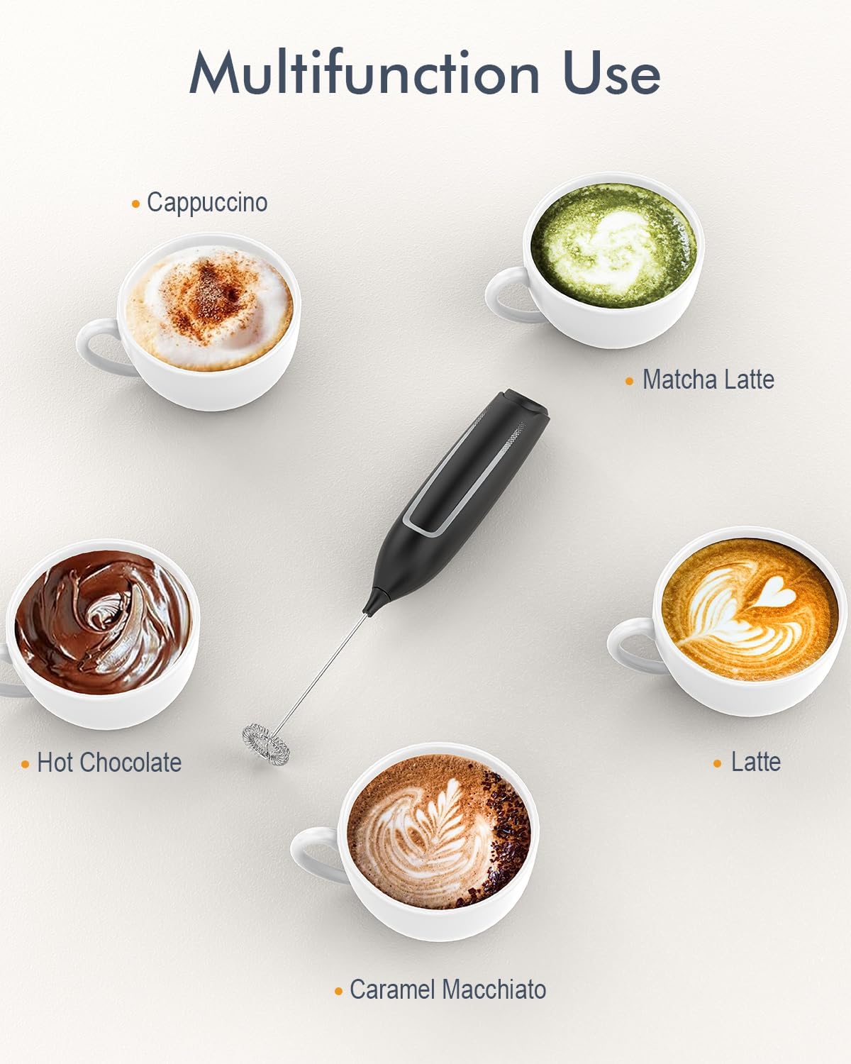Skiennix Milk Frother - Handheld Electric Foam Maker with Stainless Steel Whisk for Coffee & Lattes - Black