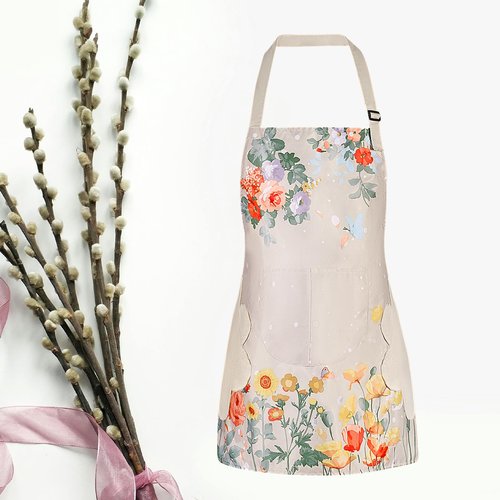 DILLMAN 2 Pack Floral Aprons with Pocket, Blooming Womens Aprons Waterproof Adjustable Cooking Aprons for Kitchen Gardening and Salon (2Pack #A)