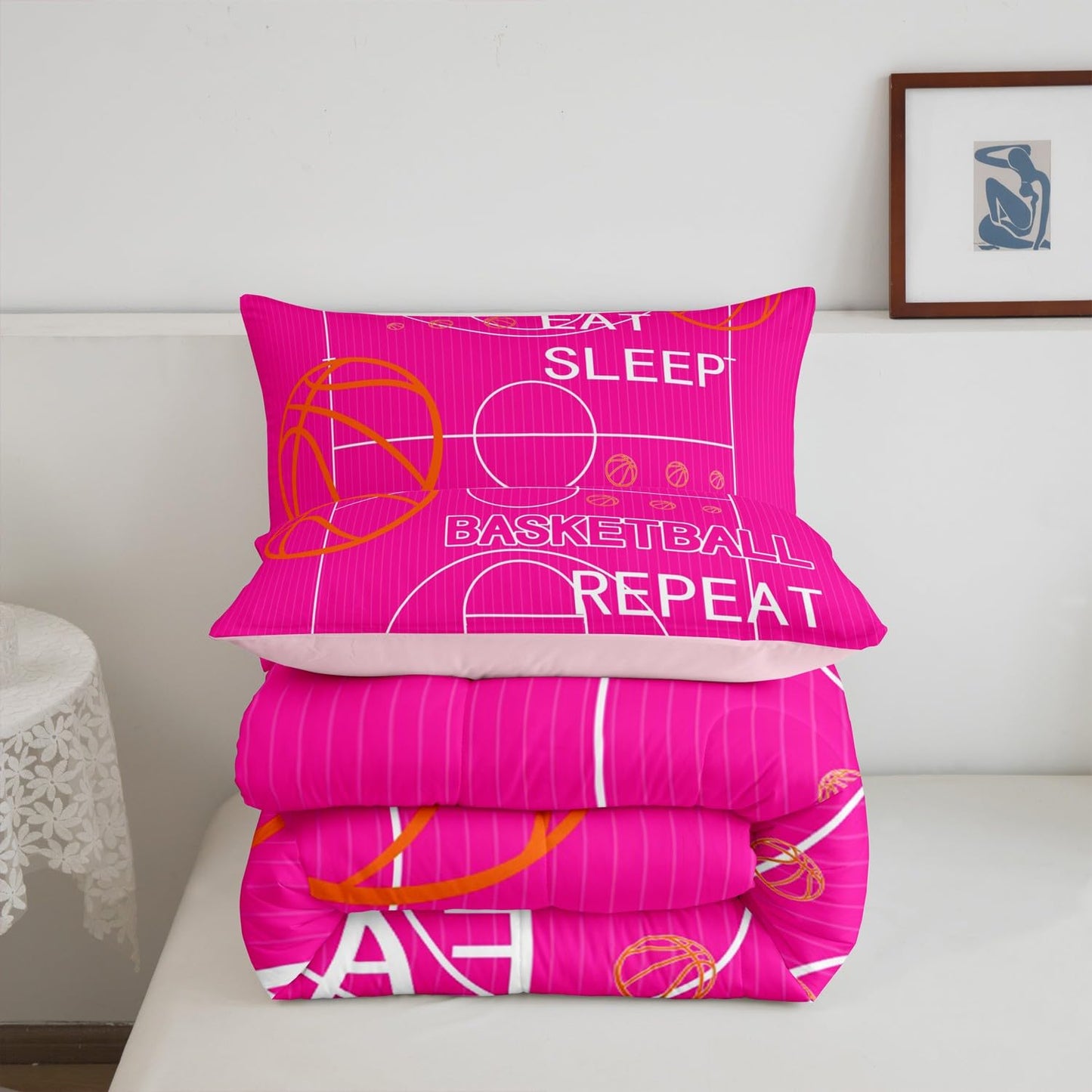 jejeloiu Kids Basketball Comforter Set Full Size Basketball Court Comforter Boys Girls Eat Sleep Basketball Ball Pattern Bedding Set Gaming Sports Theme Pink Quilt Set