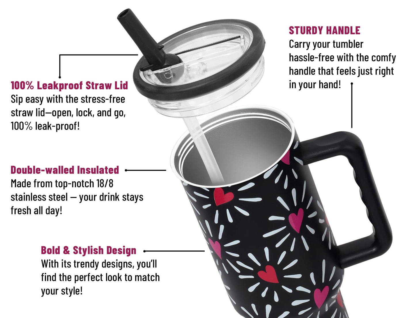 DLOCCOLD 40 oz Tumbler with Handle and Flip Straw, 100% Leak Resistant Leak-Proof Tumbler with Lid and Straw, Insulated Stainless Steel Travel Coffee Mug, Keeps Cold or Hot, Car Cupholder Friendly