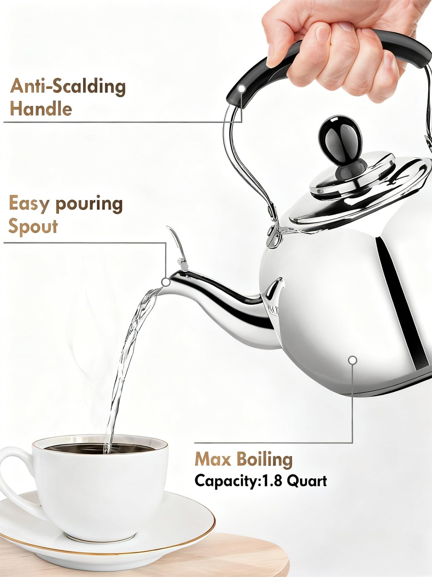 Stovetop Tea Kettle with Whistle - 2.0 Quart 18/8 Stainless Steel Tea Pot for Gas Stove & Electric Coil Stovetop, Food-Safe, Easy-Pour Spout, Mirror Polished Classic Water Kettle