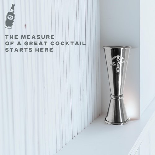 In High Spirits Japanese Jigger - 2oz/1oz Stainless Steel Cocktail Jigger with 8 Interior Measurements - Durable, Professional Grade Bartending Tool for Home Bar & Commercial Use