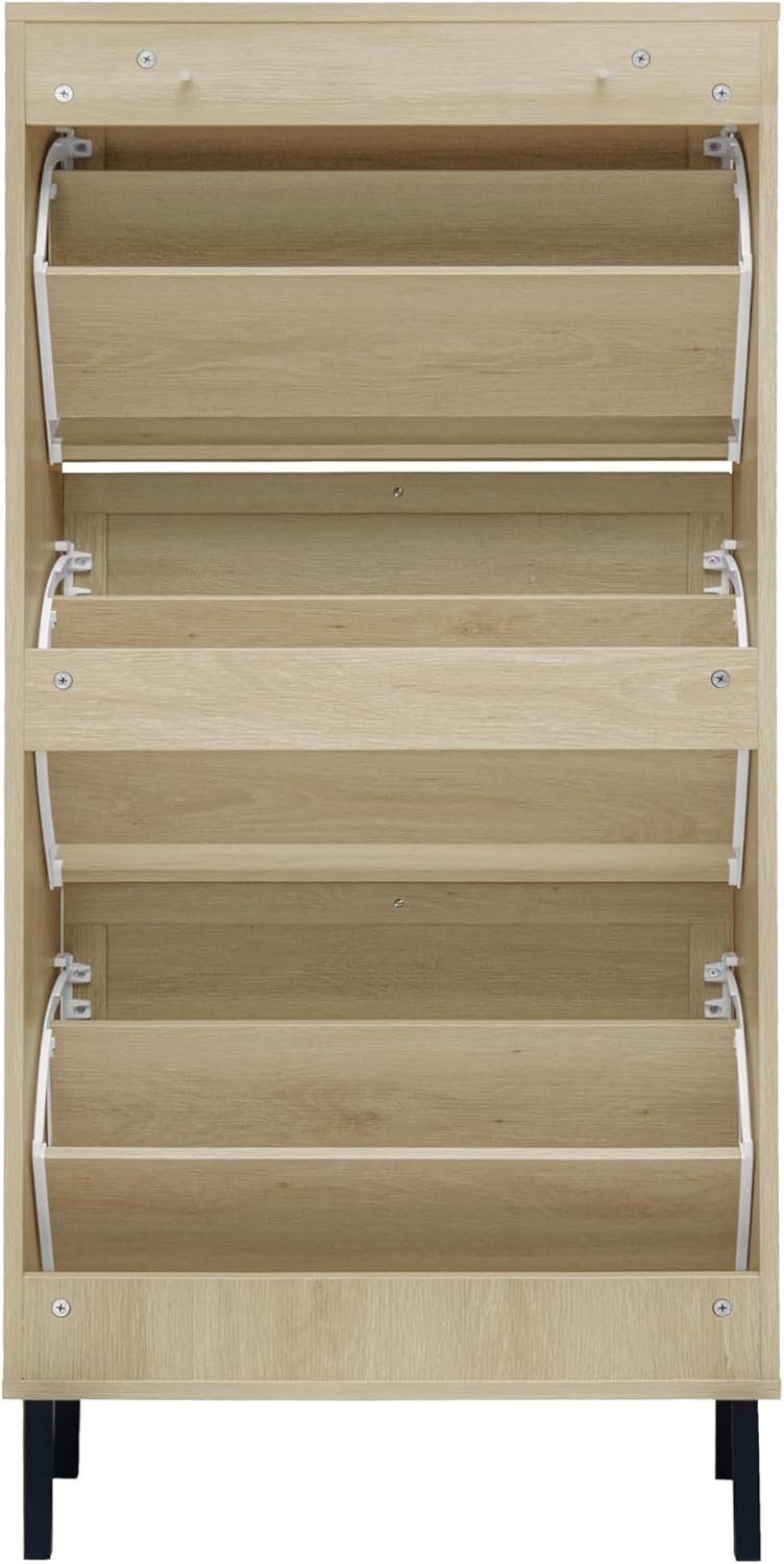 ZeHuoGe Natural Rattan Shoe Storage Rack - Modern 3-Tier Cabinet with 3 Flip Drawers for Heels & Slippers