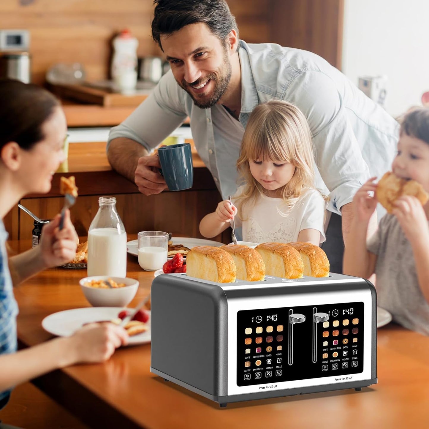 Skiennix 4-Slice Toaster - Touch Screen Control, 8 Shade Settings, Dual Panel, 1650W - Grey Finish