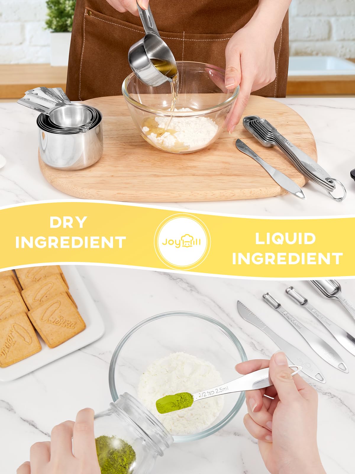 Joyhill Measuring Cups and Spoons Set of 15 Piece, Metal Stainless Steel Measuring Cups and Spoons Set for Baking Cooking, Dry and Liquid Ingredients