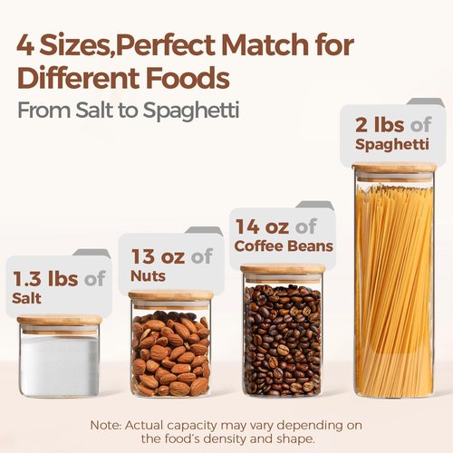 ComSaf Food Storage Containers - Airtight Glass Canister Set of 6 for Kitchen Pantry | Clear Square Jars for Spaghetti, Sugar, Flour, and More