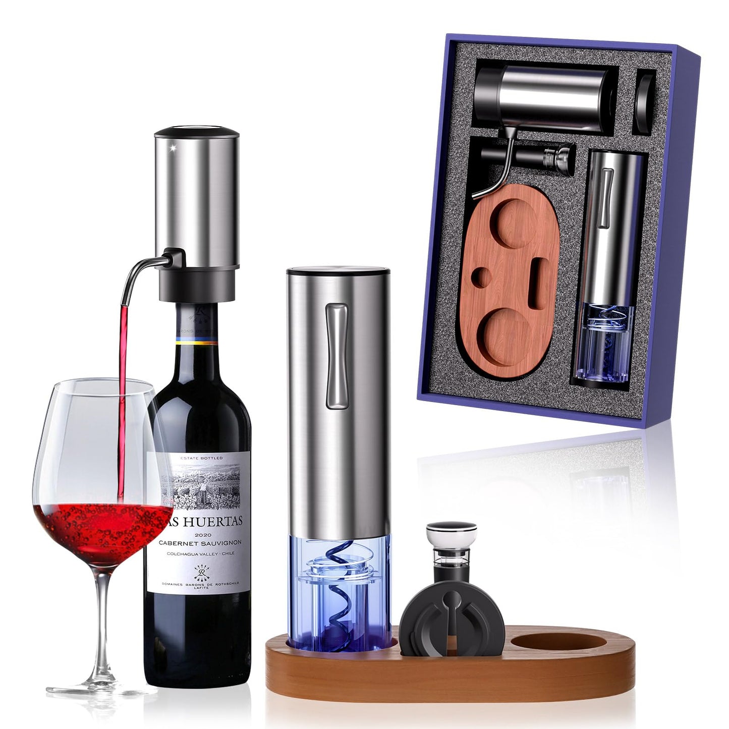 Rechargeable Electric Wine Opener 5-In-1 Set, Stainless Steel Automatic Wine Opener with Electric Wine Aerator, Foil Cutter, Wine Stopper & Base, Elegant Gift Box for Birthday, Housewarming, Christmas