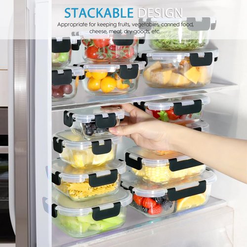 AMALEKO Glass Food Storage Containers Set - 42pcs Leak-Proof Meal Prep Containers with Snap Locking Lids | BPA-Free, Black