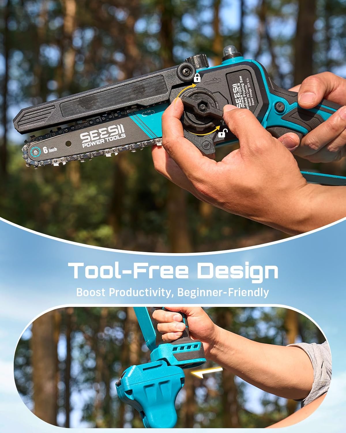 SEESII 4-in-1 Pole Saw & Pruning Shears Kit - 6-Inch Mini Chainsaw for Tree Trimming | Battery Powered with 2 x 4000mAh Batteries