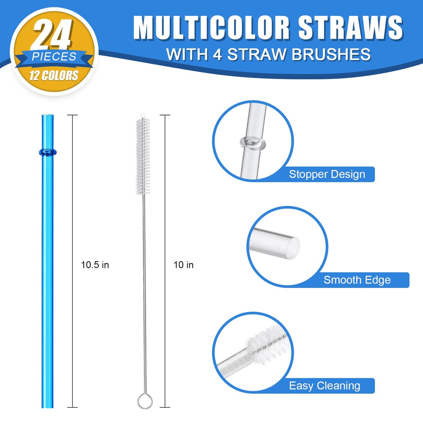 24 PCS, Reusable Straws with 4 Brushes, 10.5" Long Tritan Hard Plastic Straws, 12 Colors Translucent Replacement Drinking for 16OZ-32 OZ Tumblers, Cups, Jars, Stanley, YETI, Starbucks, BPA Free
