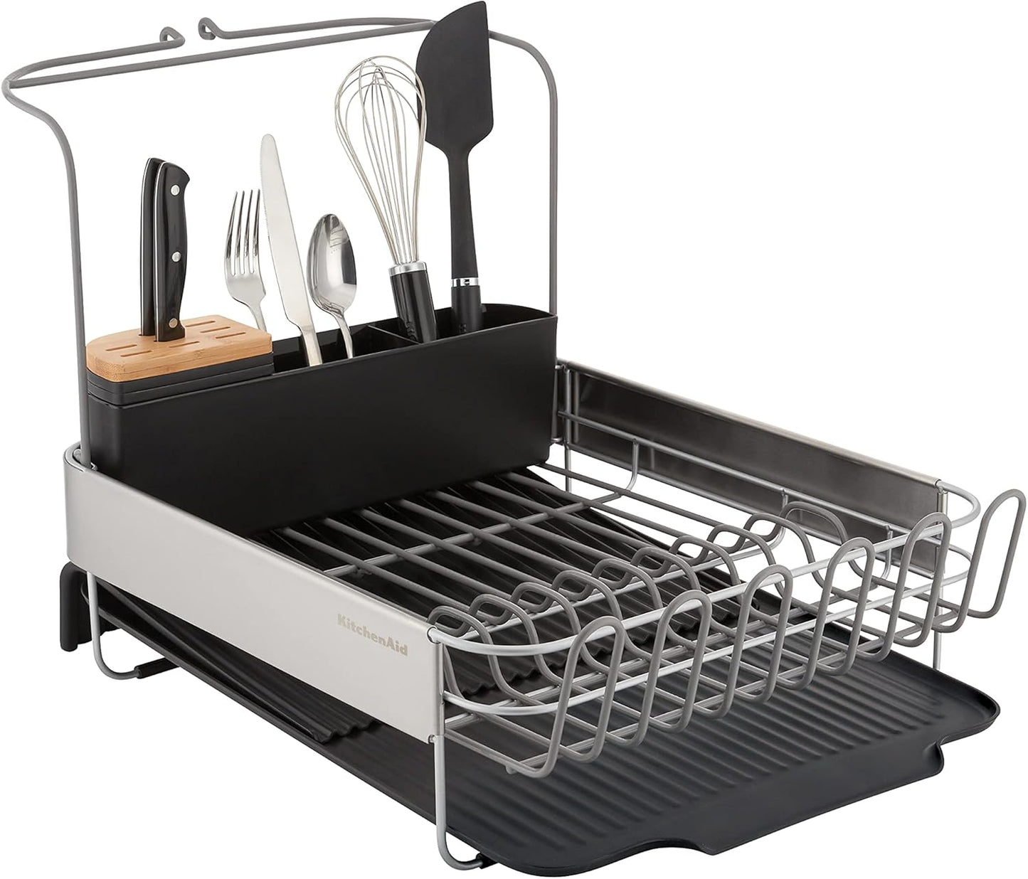 KitchenAid Expandable Dish Rack - Rust Resistant with Angled Self-Draining Drainboard, 24-Inch, Black