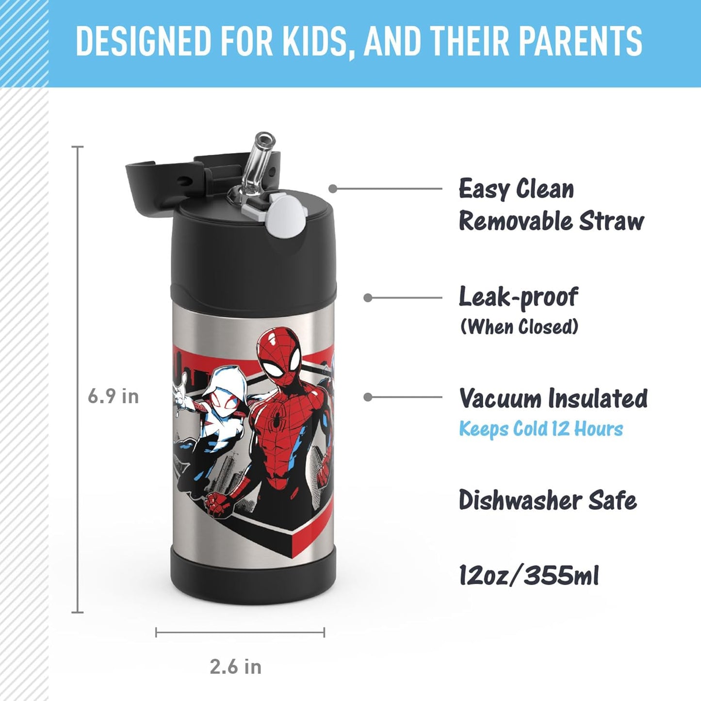 THERMOS FUNTAINER Water Bottle - 12 Ounce Stainless Steel Vacuum Insulated Kids Bottle with Straw | Spiderman Design
