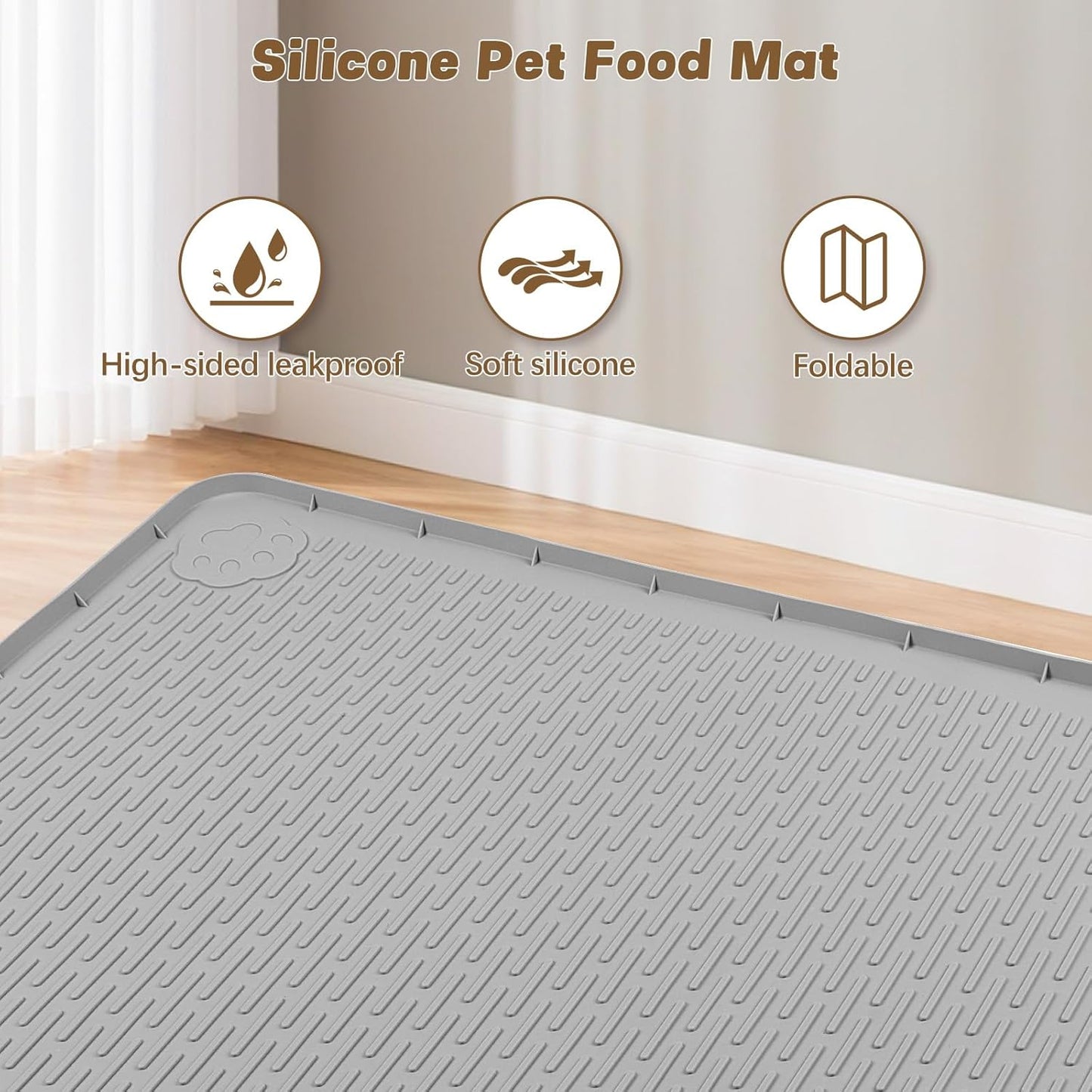 Skiennix Extra Large Cat Food Mat - 40" x 28" Non-Slip Silicone Feeding Mat | Easy to Clean, Grey