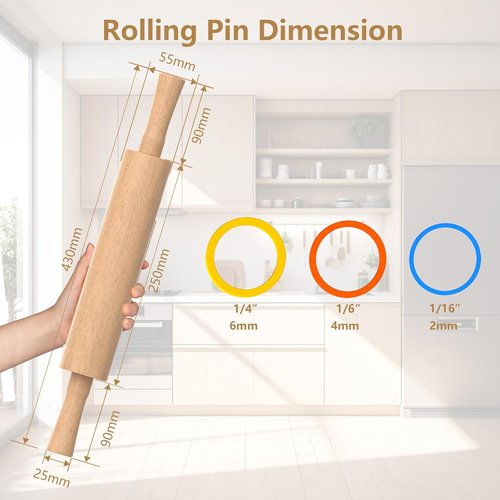 Classic Beechwood Rolling Pin - Multi-Color Thickness Rings for Baking | 17” x 2.5” with Handle