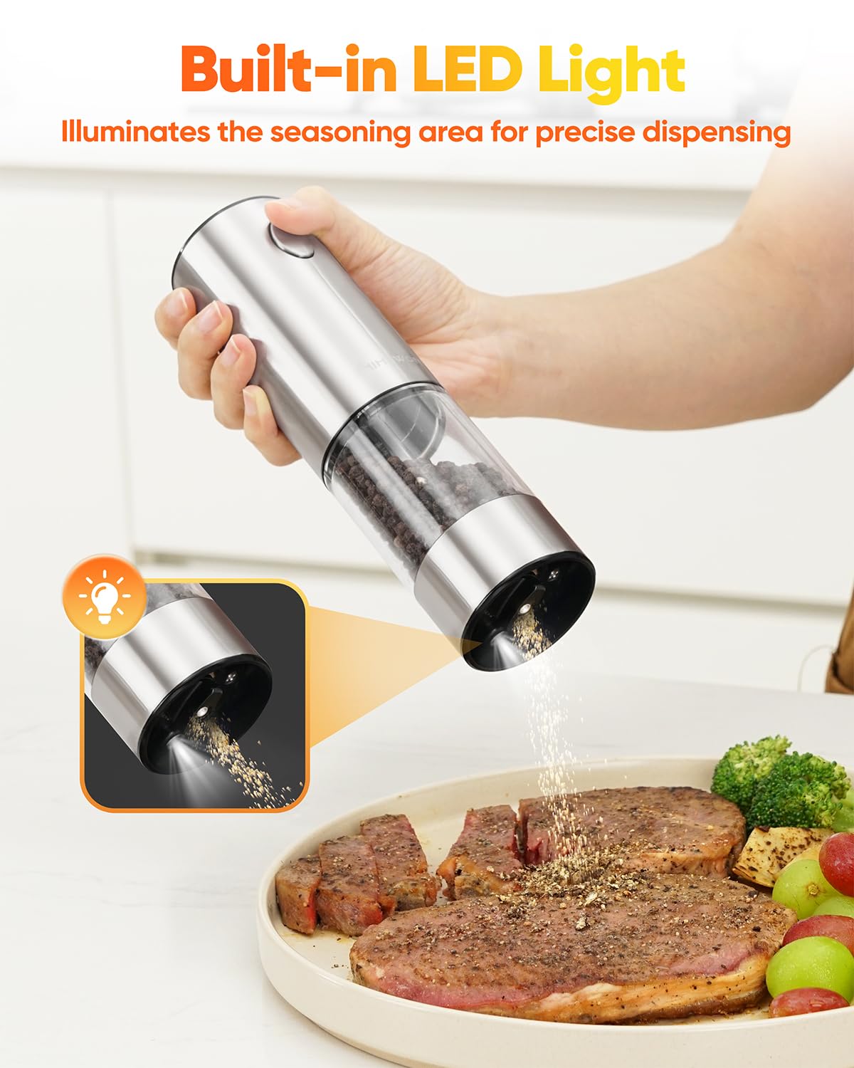 NIHEWON Electric Salt and Pepper Grinder Set with LED Light, Rechargeable Salt and Pepper Shakers with 5 Adjustable Coarseness, Upgraded Large Capacity, Stainless Steel, Storage & Charging Base