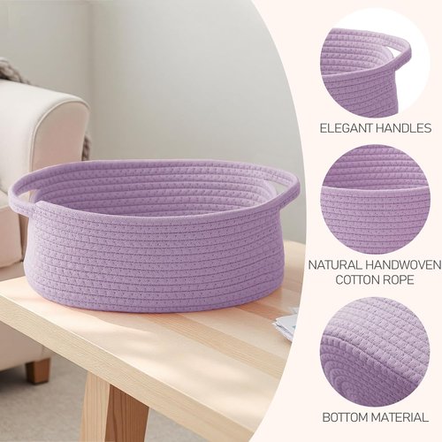 JMvicyroam Woven Basket - Small Rope Storage Bin with Handles | Versatile Organizer for Shelves & Closets - Purple, 3 Pack
